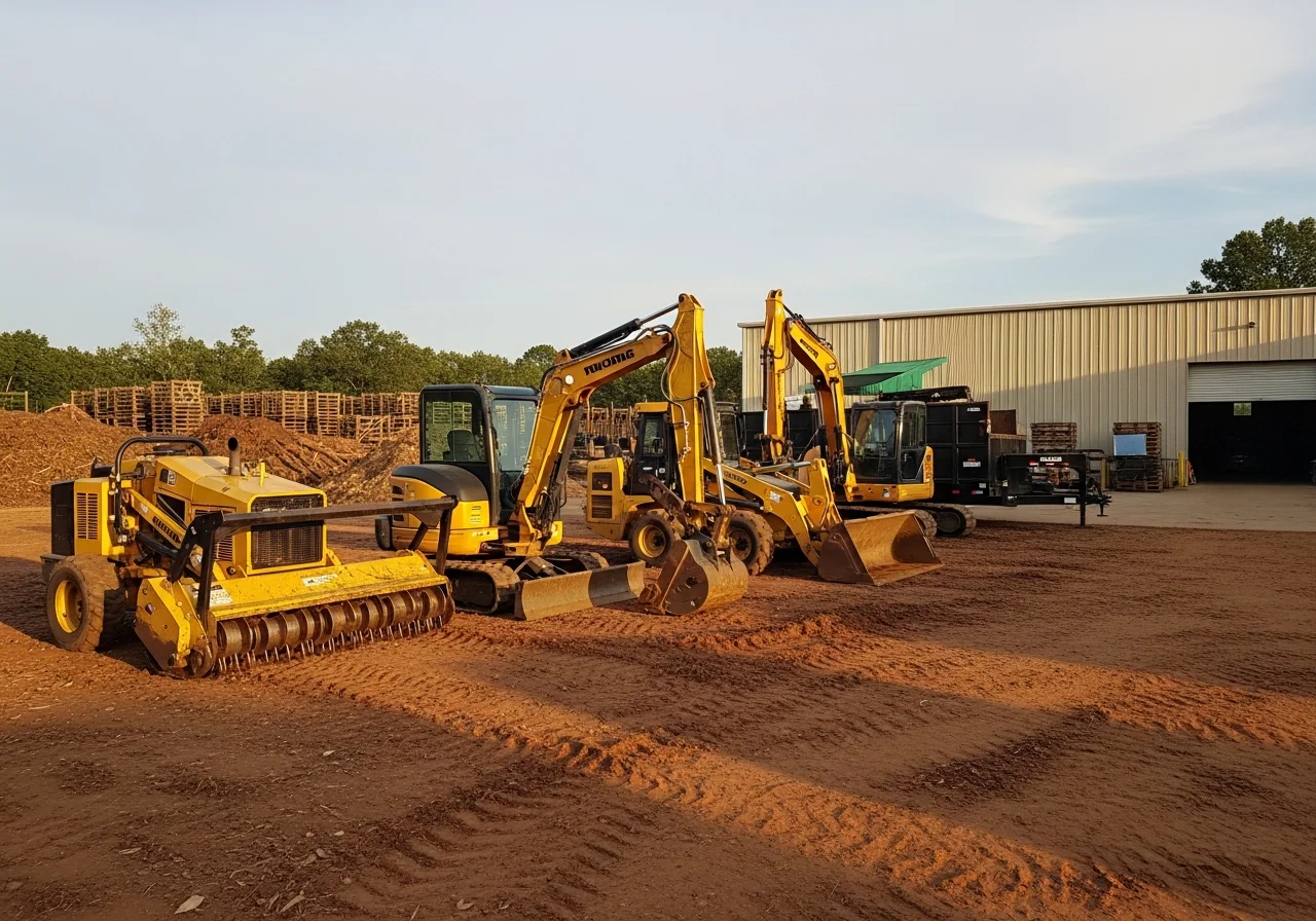 Heavy equipment and land clearing machinery ready for forestry mulching and site preparation work.