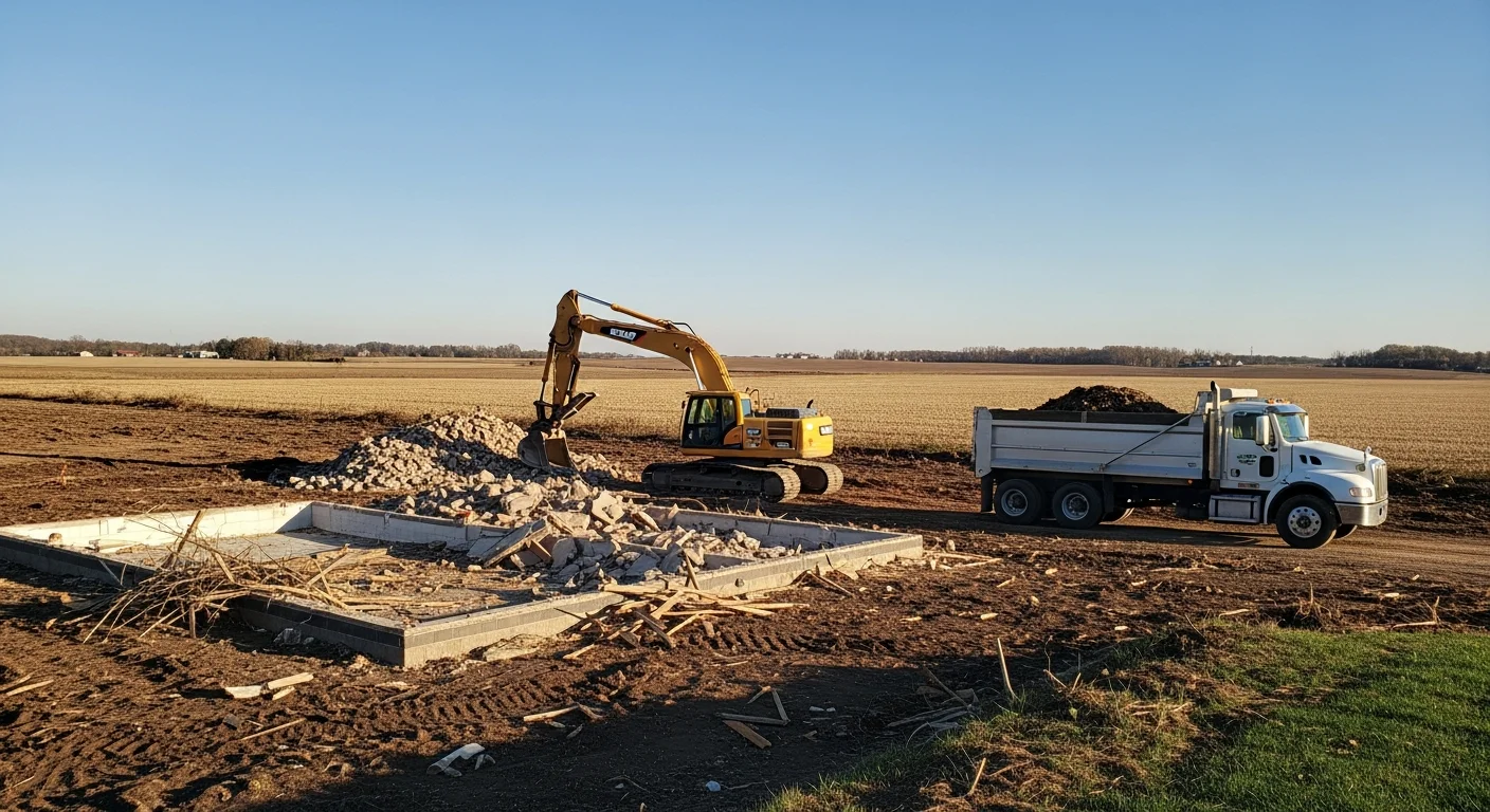 Demolition equipment removing old structure and debris from property