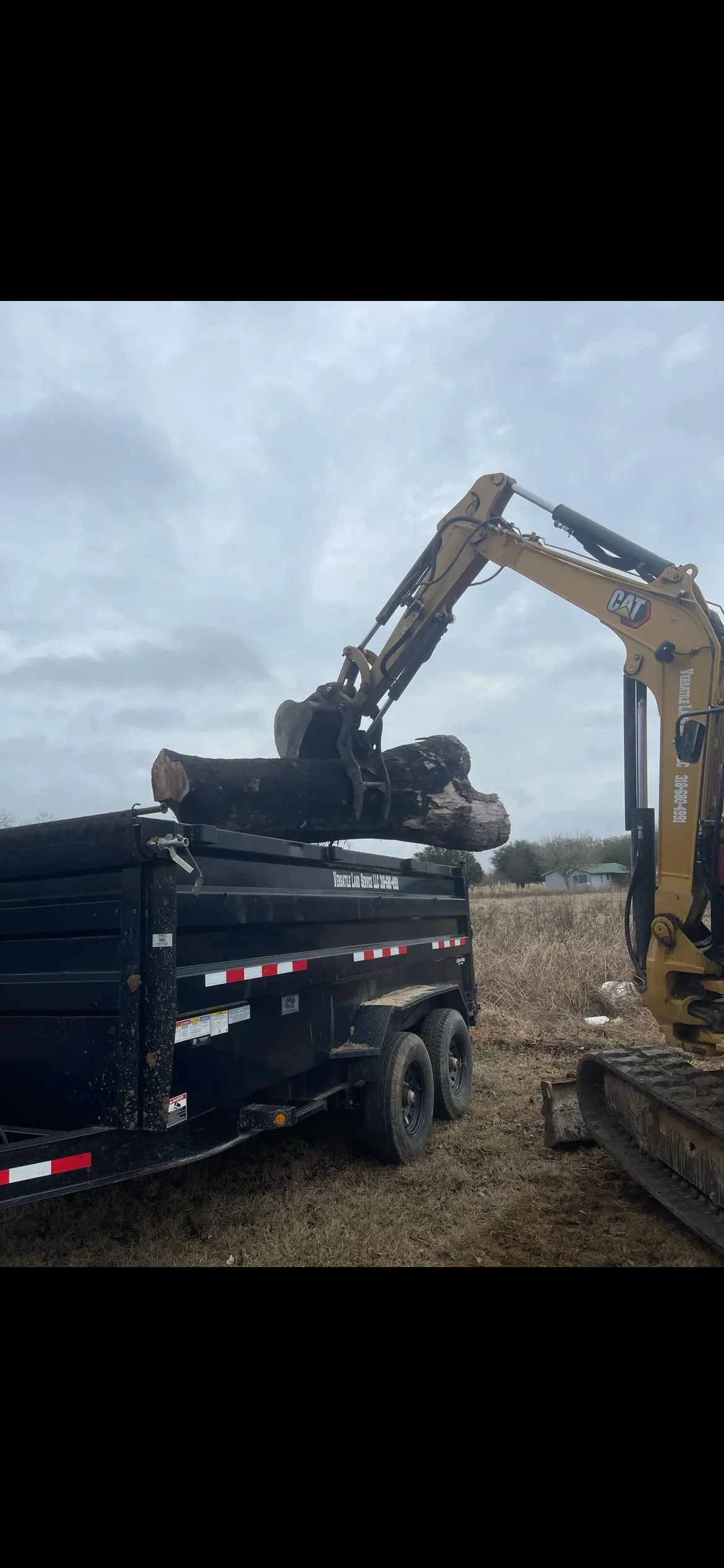 CAT excavator with grapple bucket loading logs onto dump trailer during land clearing