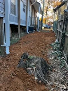 Cleared residential lot with mulch, tree stump removal, and graded ground between houses