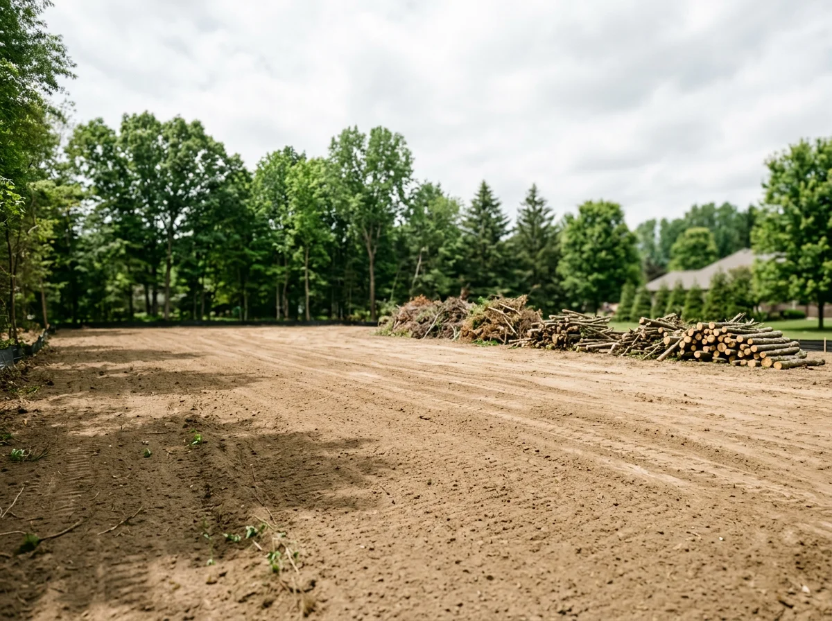 Cleared residential lot with removed brush and debris, graded earth ready for development