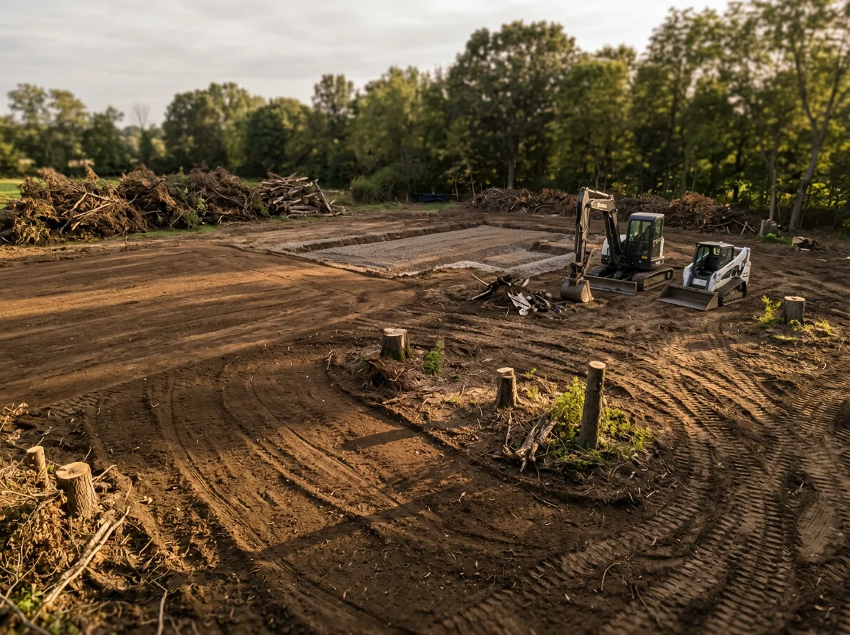 Cleared land with removed trees and brush, graded soil ready for development
