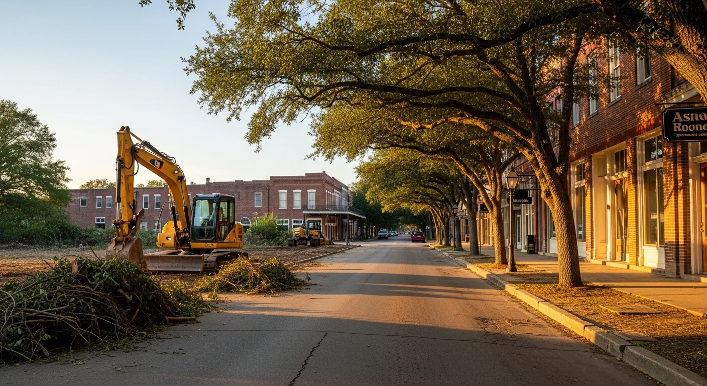 Monroe Louisiana downtown street with historic storefronts and tree-lined sidewalks on a clear day.