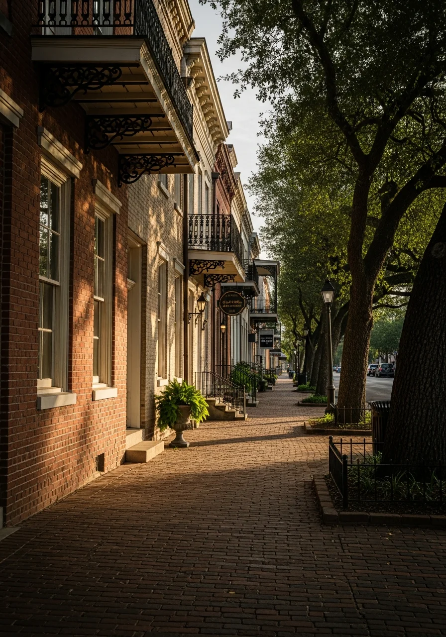 Natchez historic downtown street showing preserved period buildings and tree-lined sidewalks.