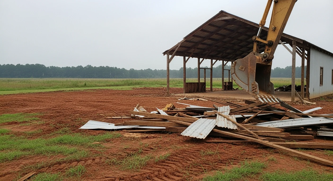 A cleared rural lot in Monroe, Louisiana after a deteriorated wood-frame barn was fully removed by Versatile Land Service LLC. The site shows open ground with no remaining debris, ready for new land use.