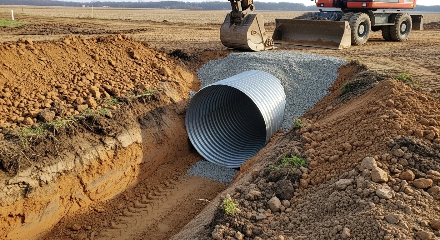 A freshly installed driveway culvert on a rural Monroe, Louisiana property, with compacted gravel backfill over the pipe and a cleared drainage ditch running alongside the road. Excavation equipment is visible in the background on a flat North Louisiana lot.