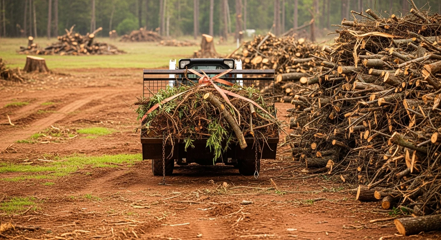 A cleared residential lot in Monroe, LA with brush piles and storm debris loaded onto a haul truck by a land service crew. The surrounding wooded property shows the scale of vegetative debris removed from the site.