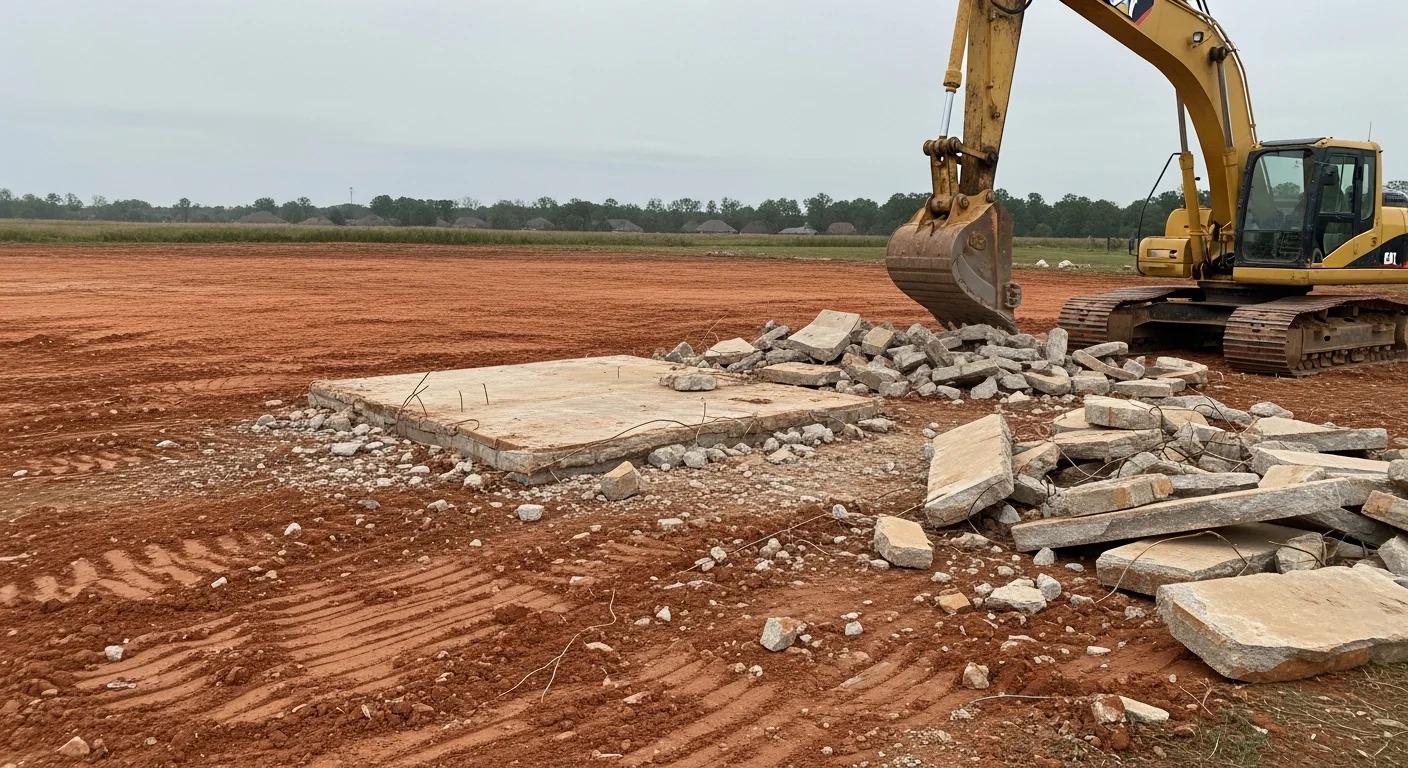 A cleared residential lot in Monroe, Louisiana after full structure demolition, with debris removed and bare ground ready for grading. A Versatile Land Service LLC machine is visible at the edge of the site.