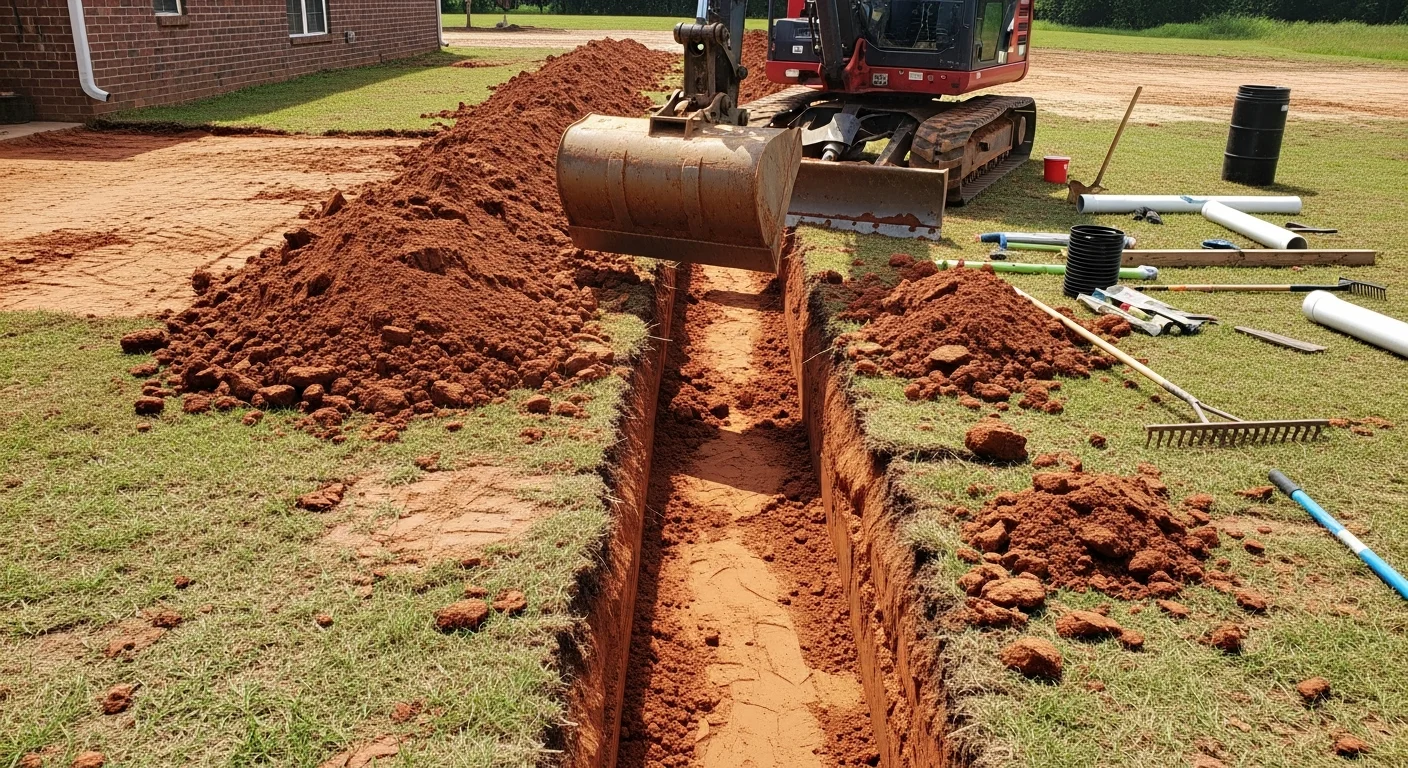 A freshly excavated drainage trench running across a residential yard in Monroe, Louisiana, with compacted gravel base and perforated pipe visible before backfill. The surrounding soil shows the dark, moisture-heavy alluvial composition common to Ouachita Parish properties.