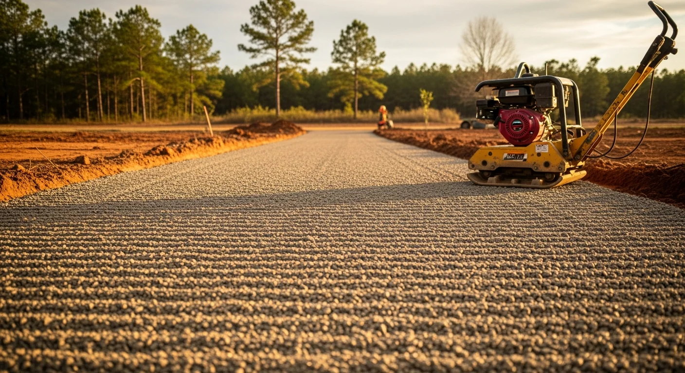 A compacted gravel driveway on a Monroe, Louisiana residential property with a firm, level surface and no visible ruts or soft spots. The surrounding soil shows the area's characteristic clay-heavy terrain typical of Ouachita Parish.