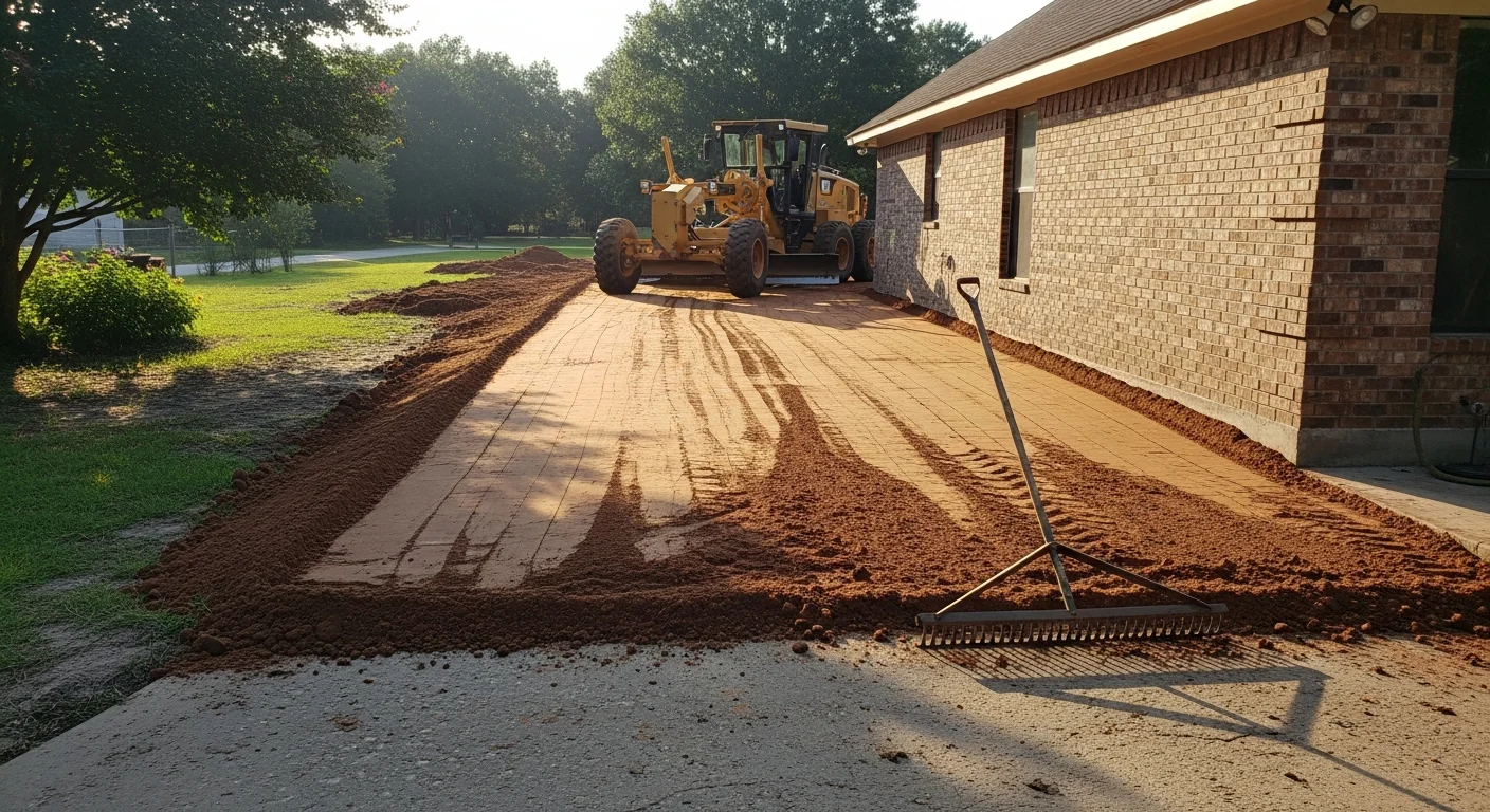 A graded dirt and gravel driveway on a residential property in Monroe, Louisiana, showing a smooth, crowned surface with water draining away from the home. Heavy clay soil is visible at the driveway edges, with a cleared lot and tree line in the background.
