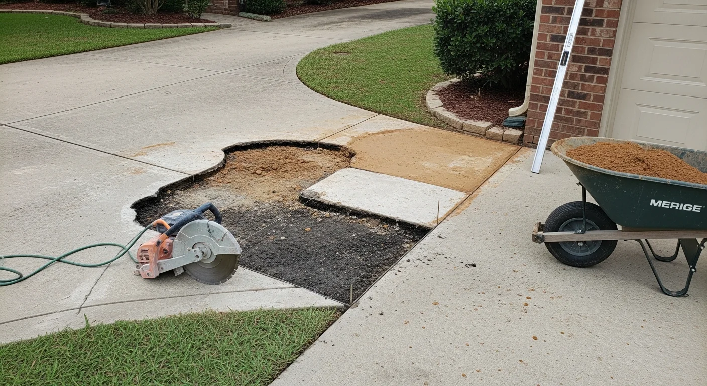 A repaired residential driveway in Monroe, Louisiana showing a smooth, level concrete surface with no visible cracks or low spots. The driveway runs from the street to a single-car garage on a typical Monroe-area property with clay soil visible along the edges.
