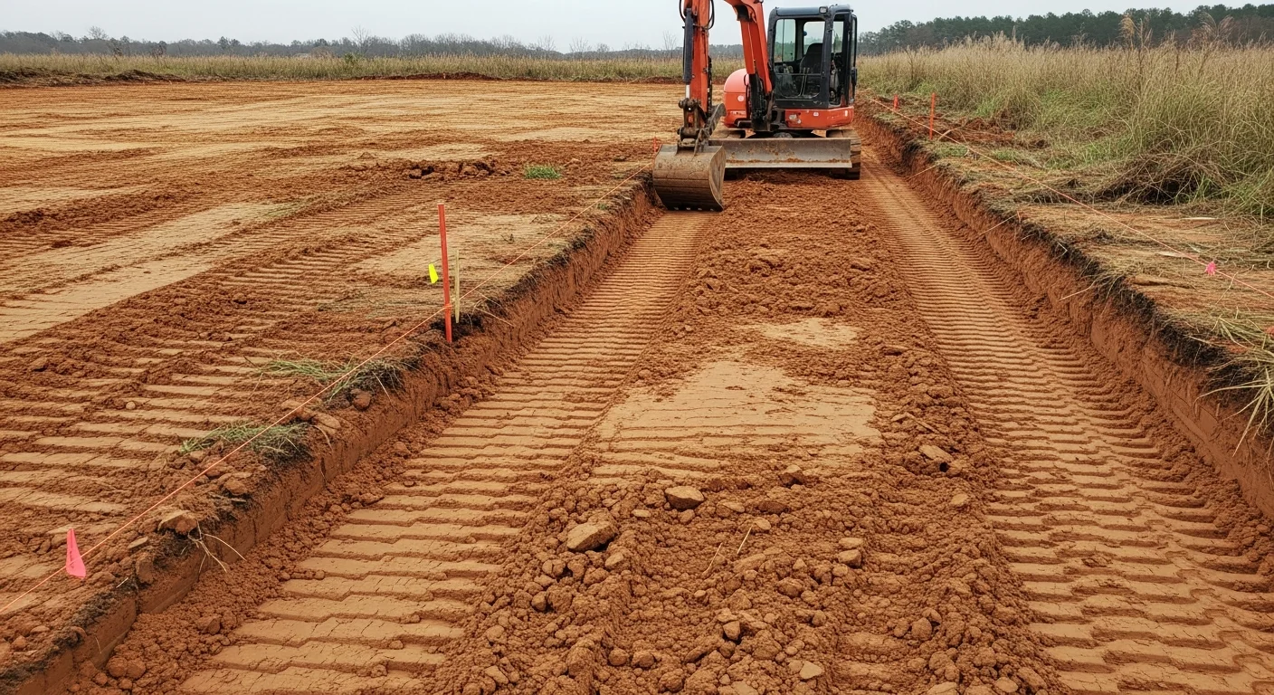 A tracked excavator cuts and grades a cleared lot in Monroe, Louisiana, with exposed clay soil and a drainage channel taking shape along the property edge. The site shows a freshly leveled house pad area ready for construction in Ouachita Parish.