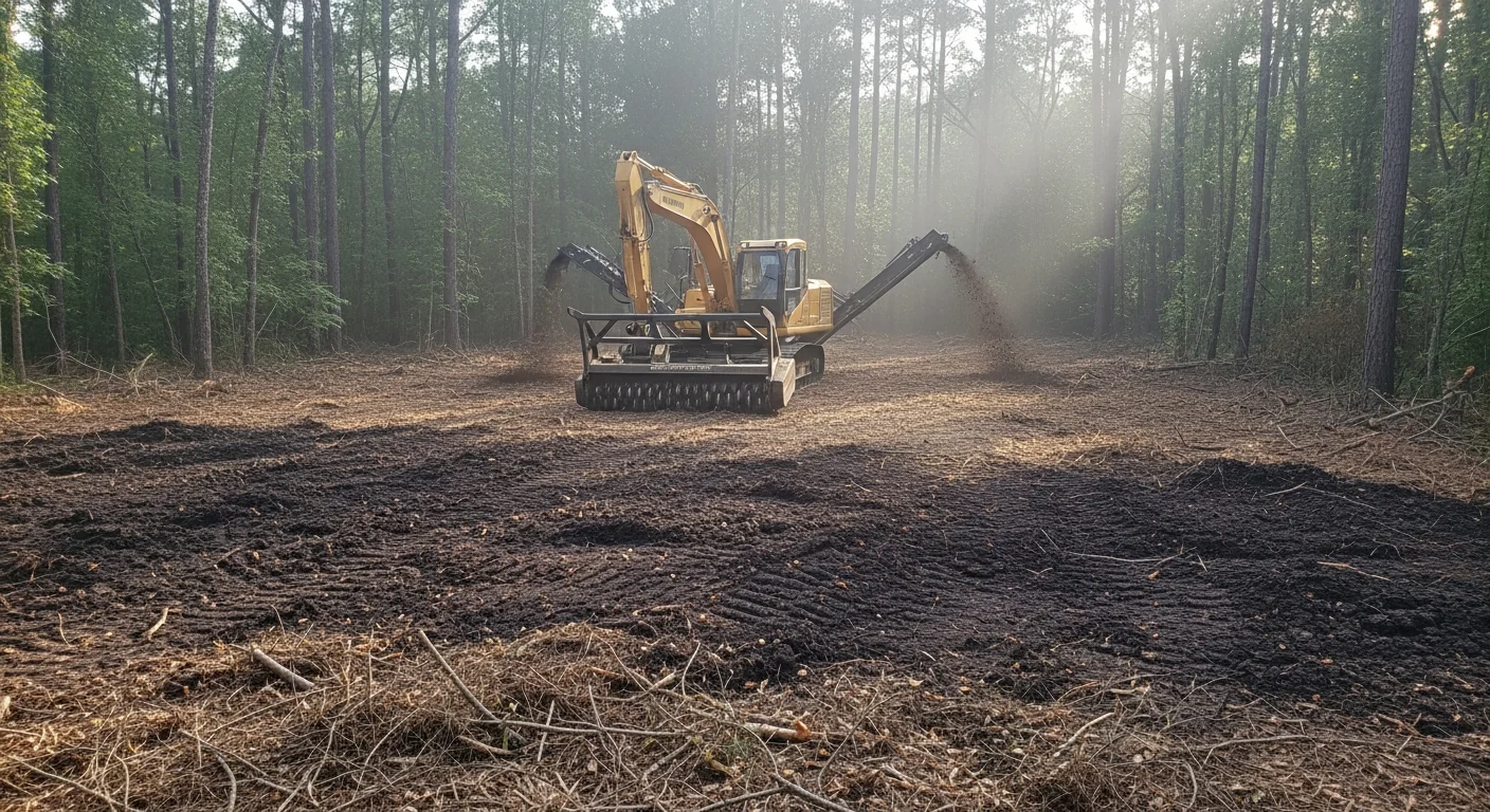 A forestry mulcher clearing dense brush and small trees on a rural property in Monroe, LA, with a layer of fresh wood mulch covering the cleared ground. The surrounding tree line and open sky of Ouachita Parish are visible in the background.