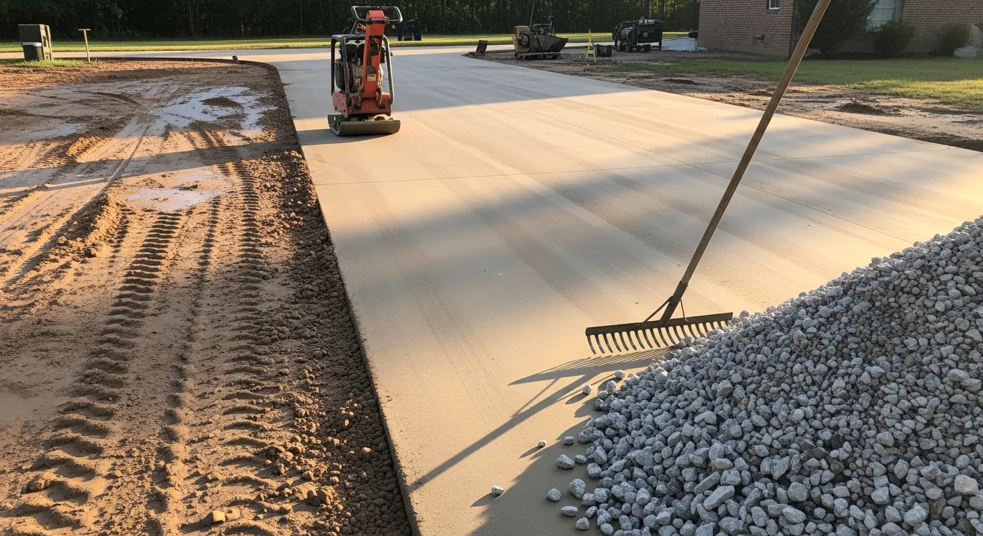 A freshly installed gravel driveway on a rural residential property in Monroe, Louisiana, with a compacted stone surface graded to slope away from the home. Surrounding land shows cleared tree lines typical of Northeast Louisiana properties.