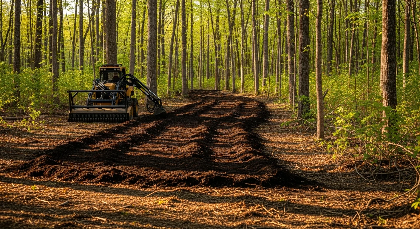 A cleared hunting property in Monroe, Louisiana showing open travel corridors between mature hardwood trees after forestry mulching, with a layer of ground mulch covering the soil. Dense underbrush has been removed to create clean sight lines and stand access paths across the wooded acreage.