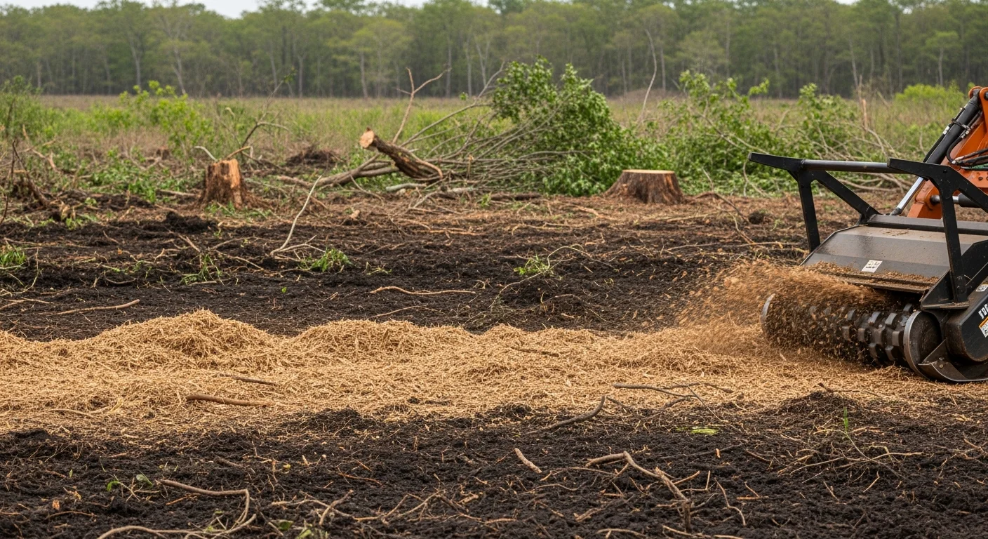 A Monroe, Louisiana property after forestry mulching, showing cleared land with a layer of ground mulch where dense invasive brush once stood. Mature native trees remain standing at the edge of the cleared area.