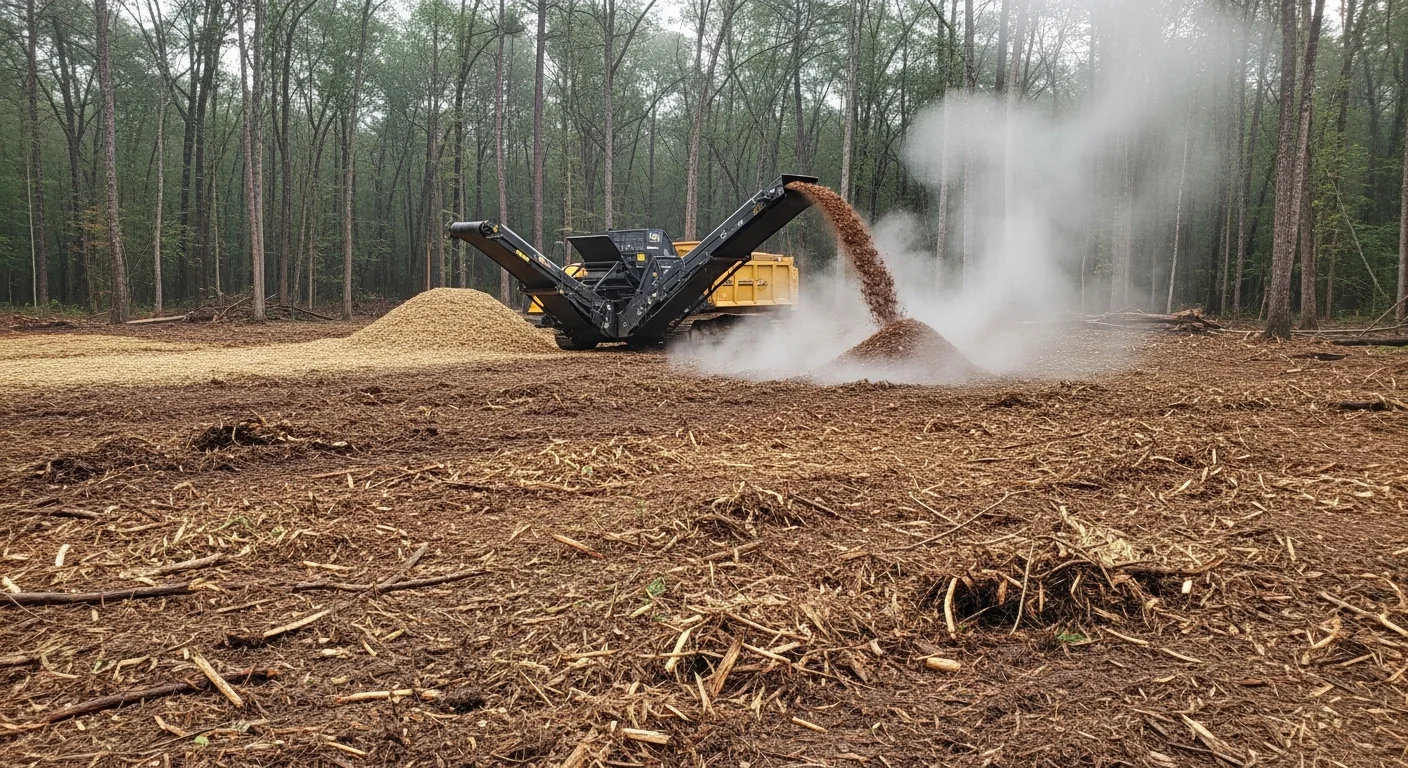A forestry mulcher operated by Versatile Land Service LLC clearing dense trees and underbrush on a Monroe, Louisiana property. The cleared area shows a ground-level mulch layer with open, usable land visible beyond the machine.