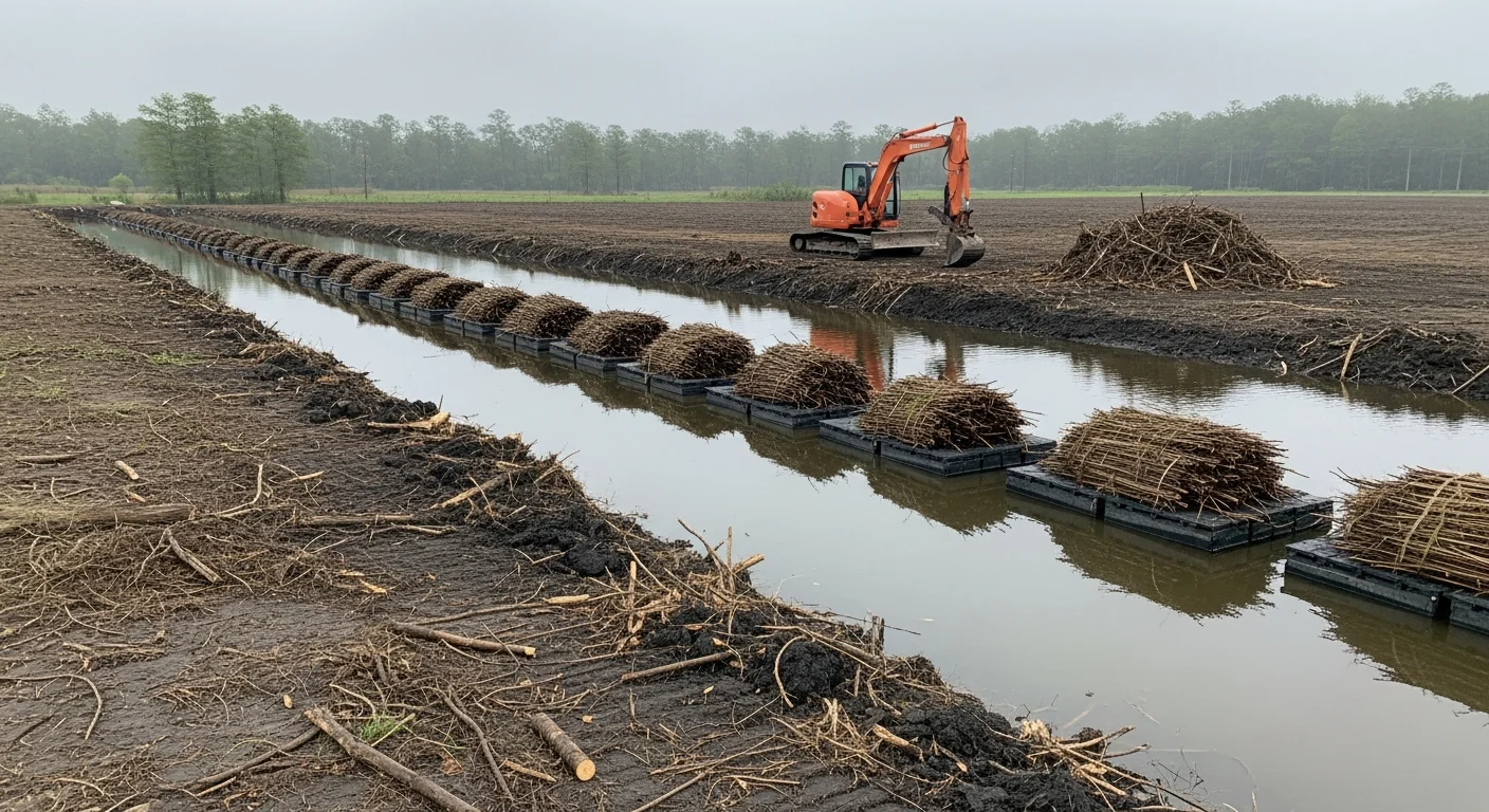 A cleared pond bank in Monroe, Louisiana showing open water access and removed shoreline vegetation. Excavation equipment is visible on the bank after completing aquatic clearing work on a rural Ouachita Parish property.