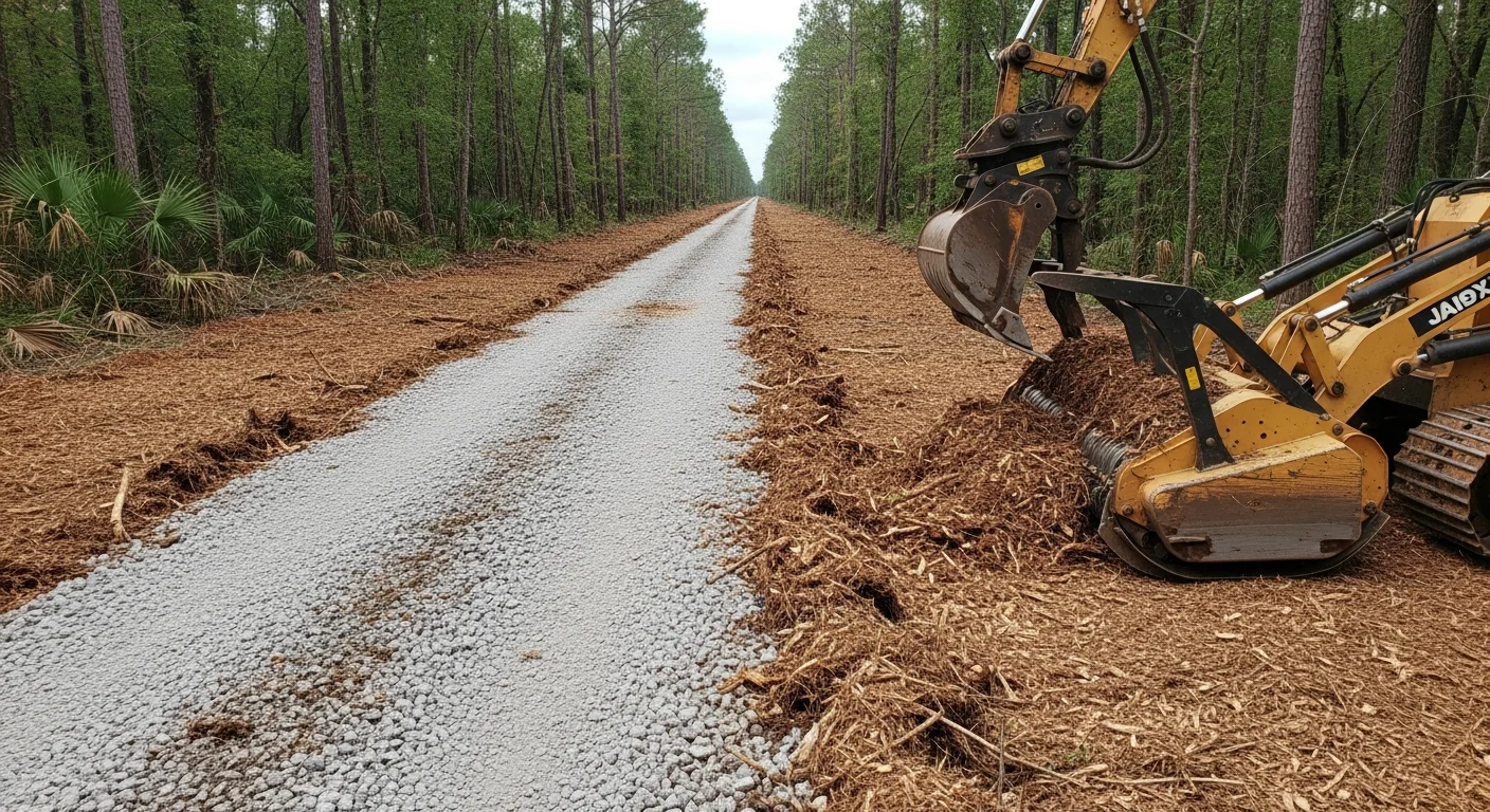 A cleared right-of-way corridor along a rural fence line in Monroe, Louisiana, with brush and saplings removed and a mulch layer covering the ground. Heavy equipment is visible working along the access path on a wooded Ouachita Parish property.
