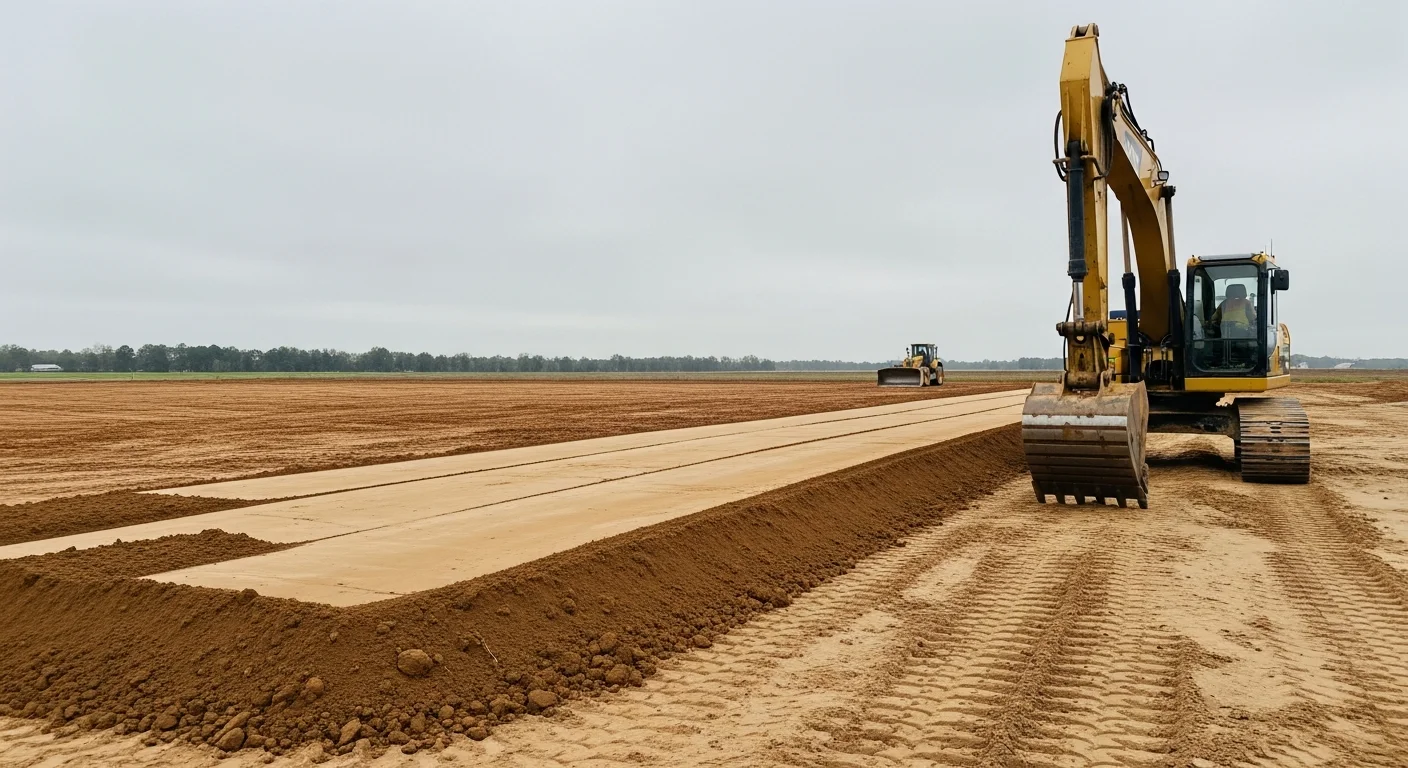 A tracked excavator grading a cleared dirt lot in Monroe, Louisiana, with freshly leveled soil sloped away from a marked foundation area. The surrounding landscape shows typical Northeast Louisiana flat terrain under a partly cloudy sky.