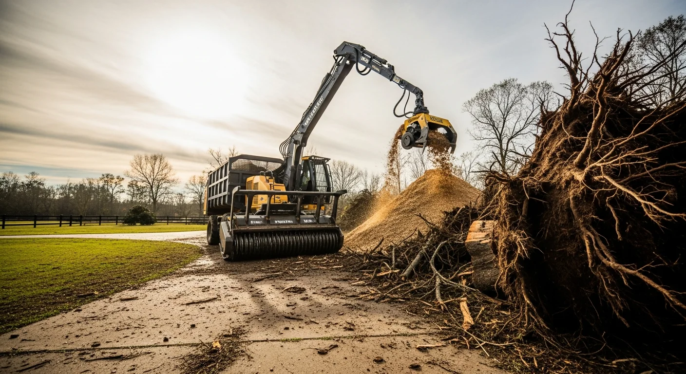 A Monroe, Louisiana residential property after storm debris removal, showing a cleared yard with processed mulch on the ground where fallen trees and limbs once blocked access. Forestry mulching equipment is visible in the background on an Ouachita Parish lot.