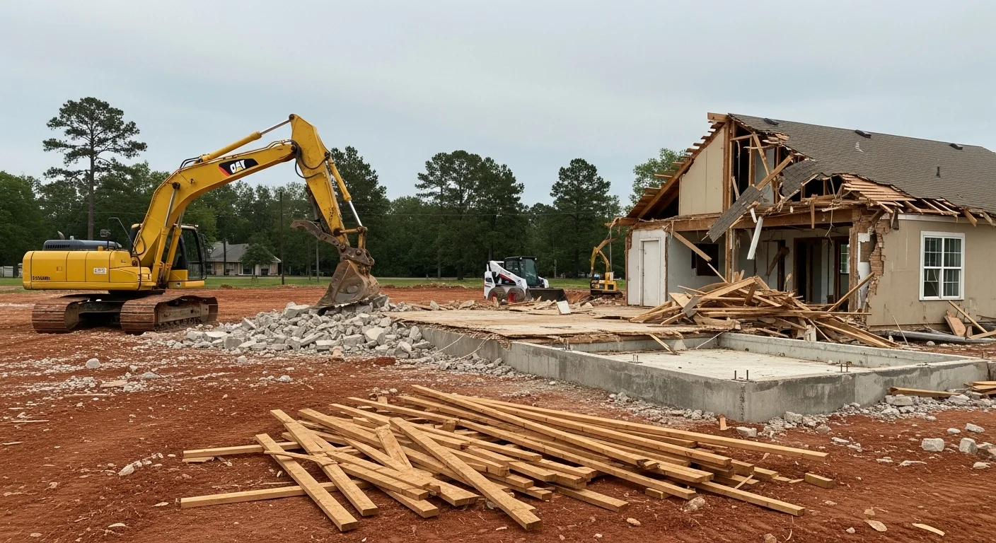 A cleared residential lot in Monroe, Louisiana after full structure removal, with debris hauled away and bare ground ready for new construction. A skid steer sits at the edge of the lot near a pile of demolished wood framing and roofing material.